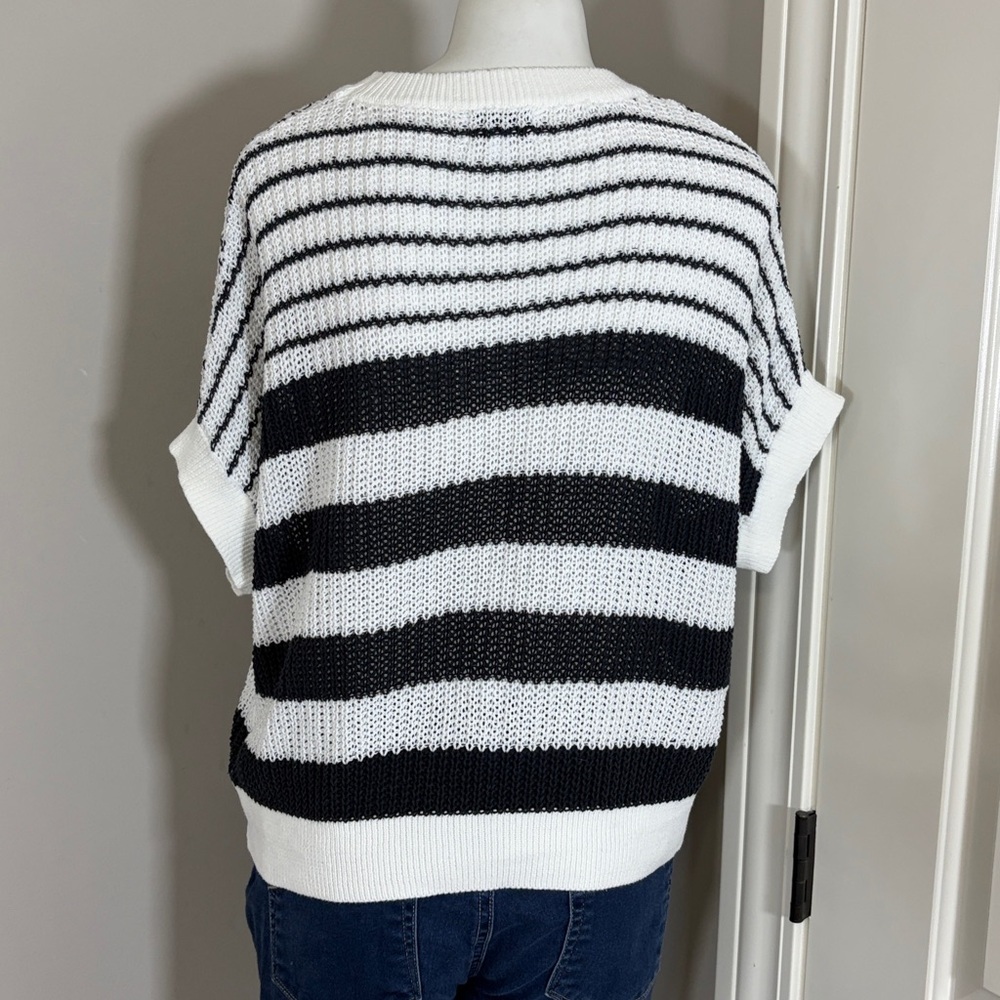 Evereve Ivy Open Weave Tee Sweater Navy Blue White Stripe Crewneck Sz S - Picture 6 of 10